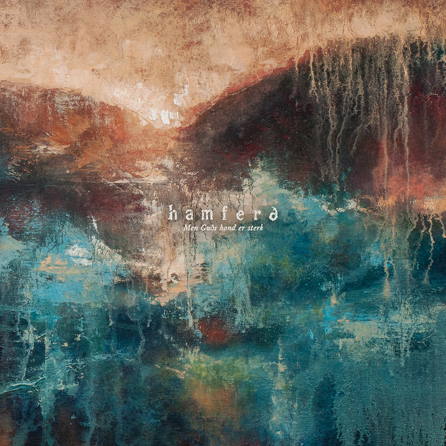 Cover art of Men Guðs hond er sterk which features an abstract painting that appears to be a whale's tail cresting water
